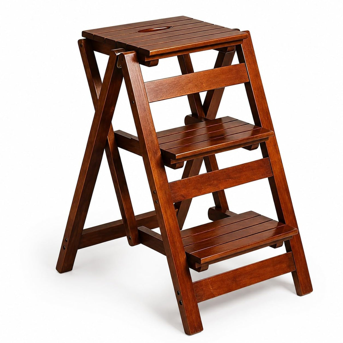 Solid Oak 3 Step Folding Ladder 330 lbs Capacity Wooden Step Stool O631423