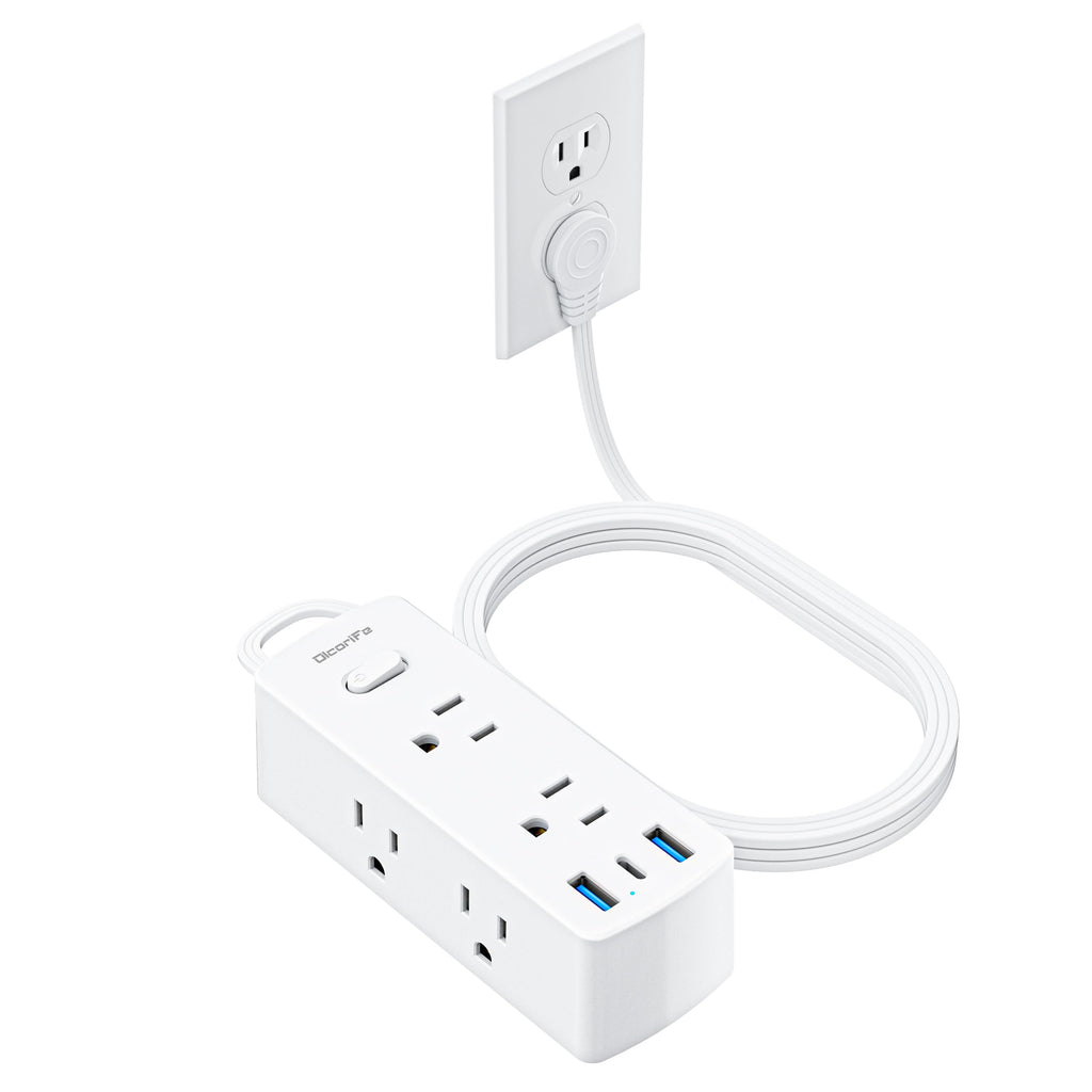 Flat Plug Power Strip with 5 FT Extension Cord, 6 Outlets 3 USB Ports, White G196904