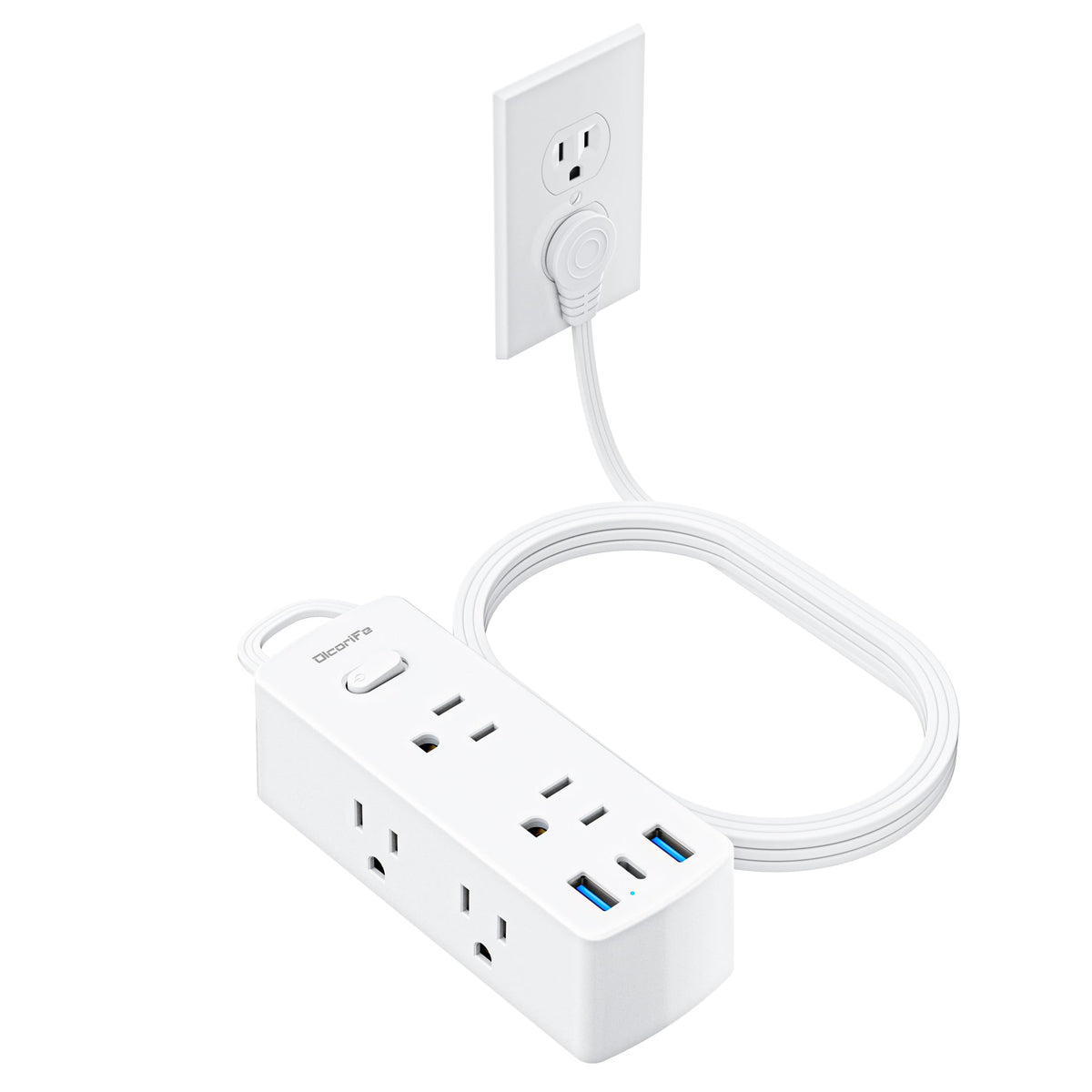 Flat Plug Power Strip with 5 FT Extension Cord, 6 Outlets 3 USB Ports, White G196904