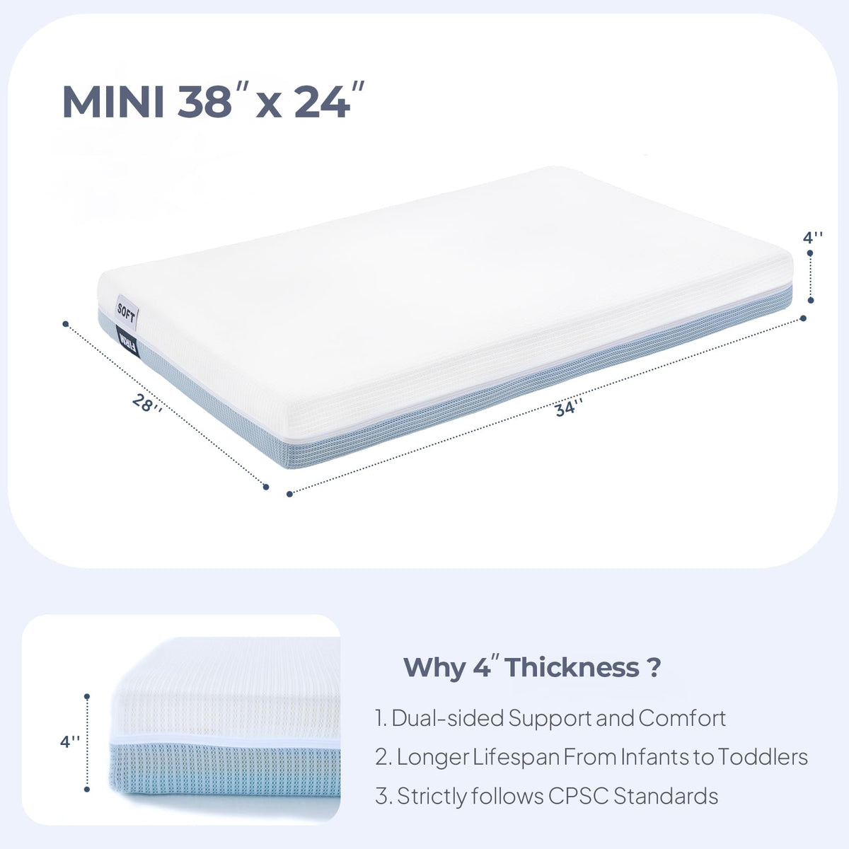 2-Sided Mini Crib Mattress 38"x24"x4" C109426