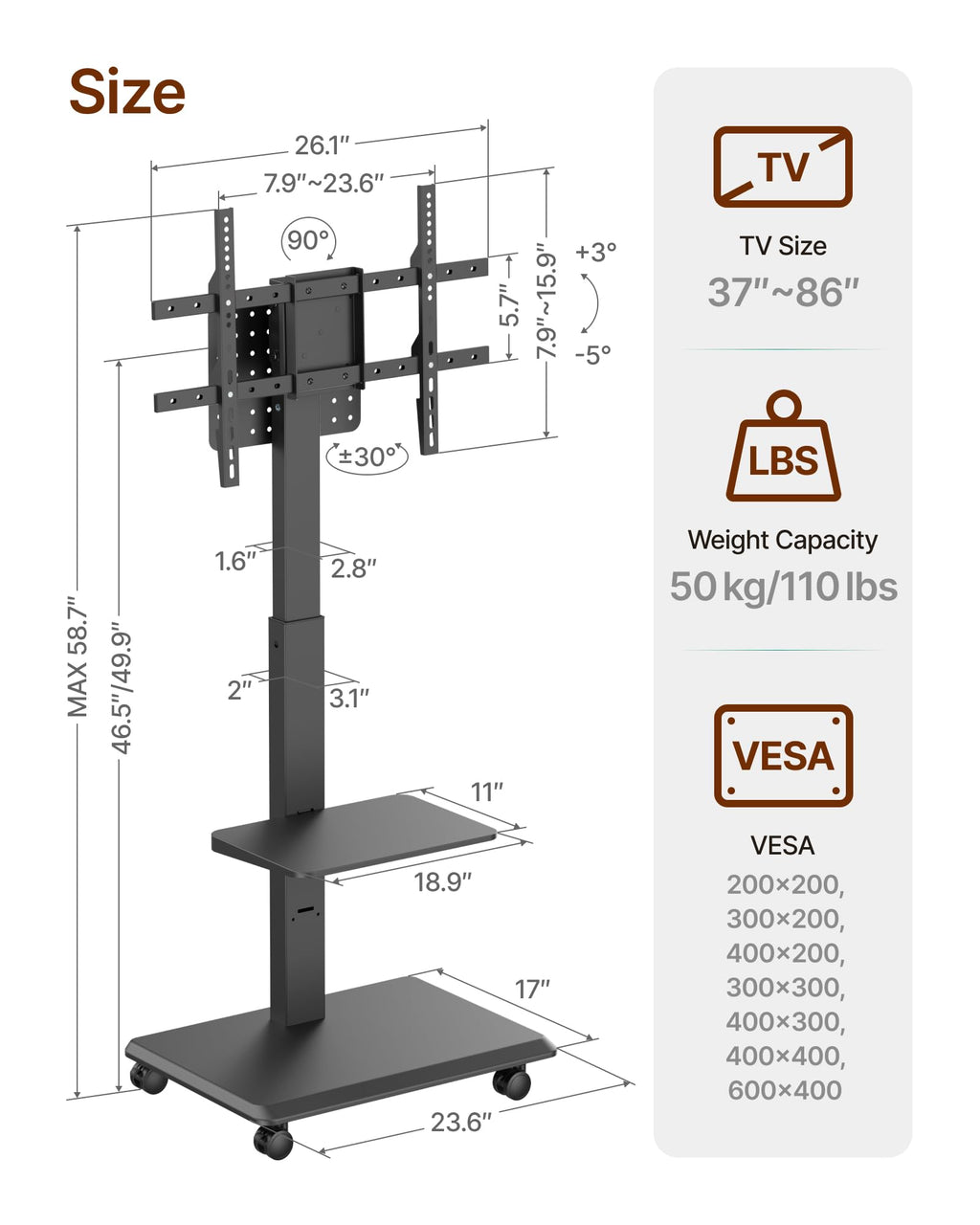 Black Rolling TV Stand for 37-86 Inch TVs Z756156