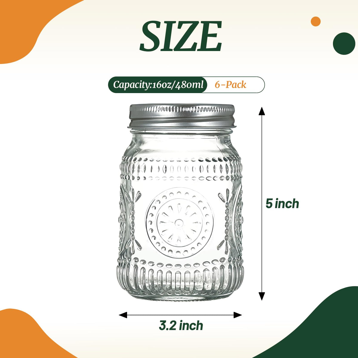 6-Pack Glass Mason Jars 16 oz Wide Mouth Canning Jars P58136