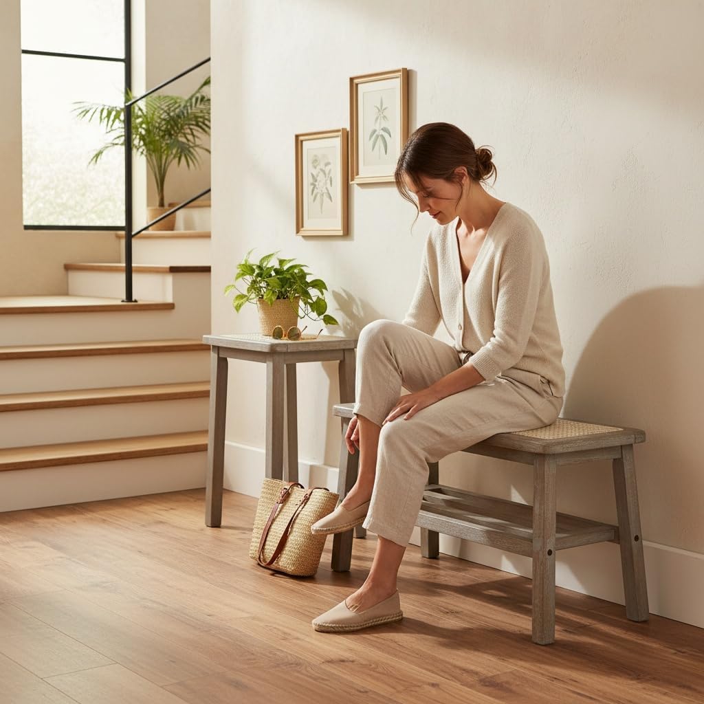 30 Inch Rattan Wooden Entryway Bench with Shoe Rack E19968
