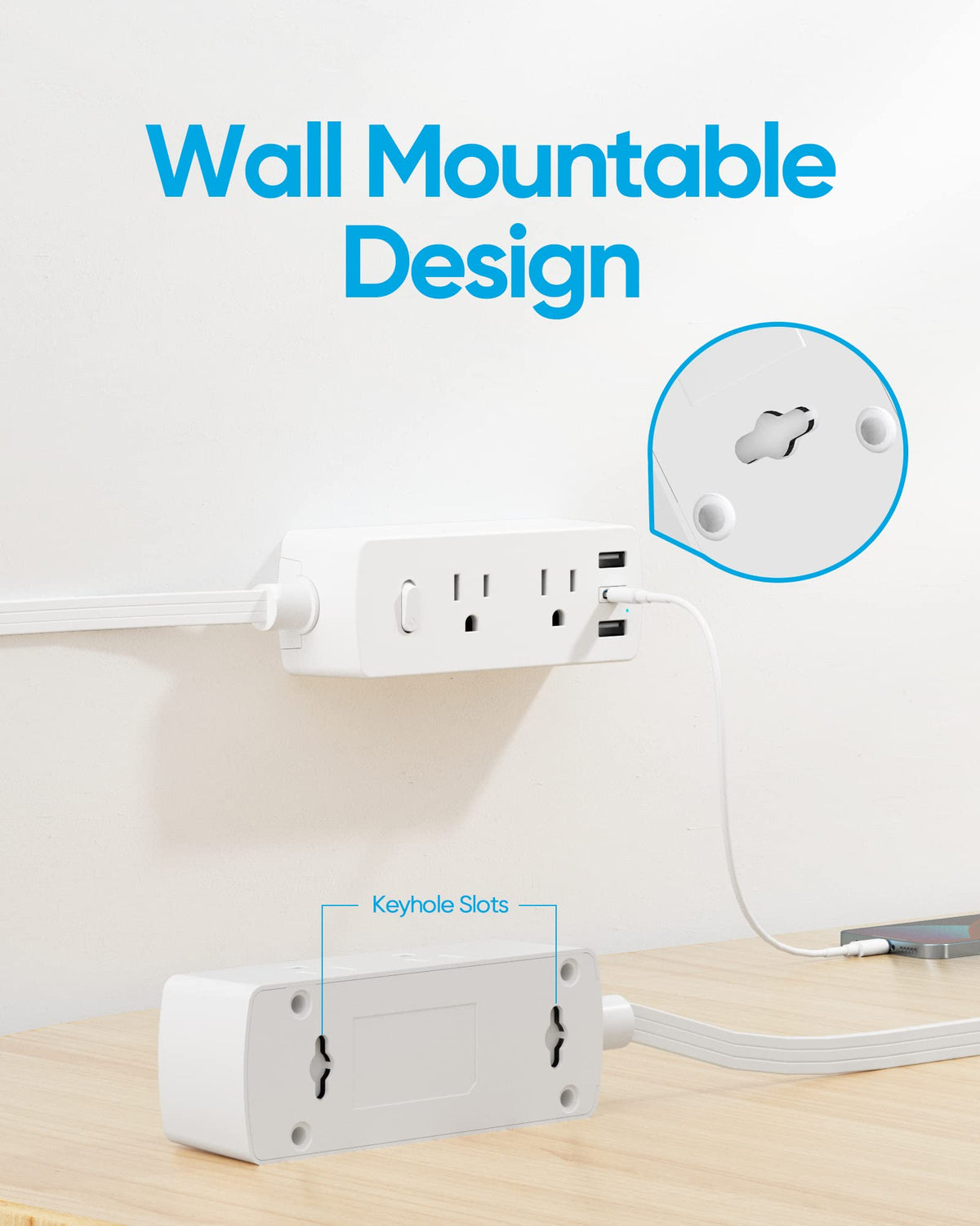 Flat Plug Power Strip with 5 FT Extension Cord, 6 Outlets 3 USB Ports, White G196904