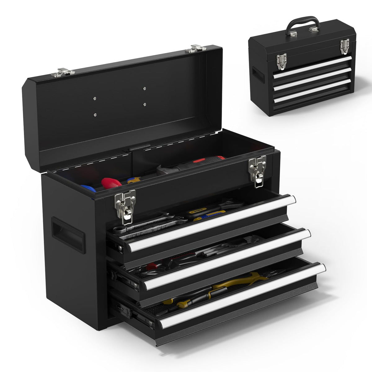 Black 3 Drawer Lockable Metal Tool Box G714574