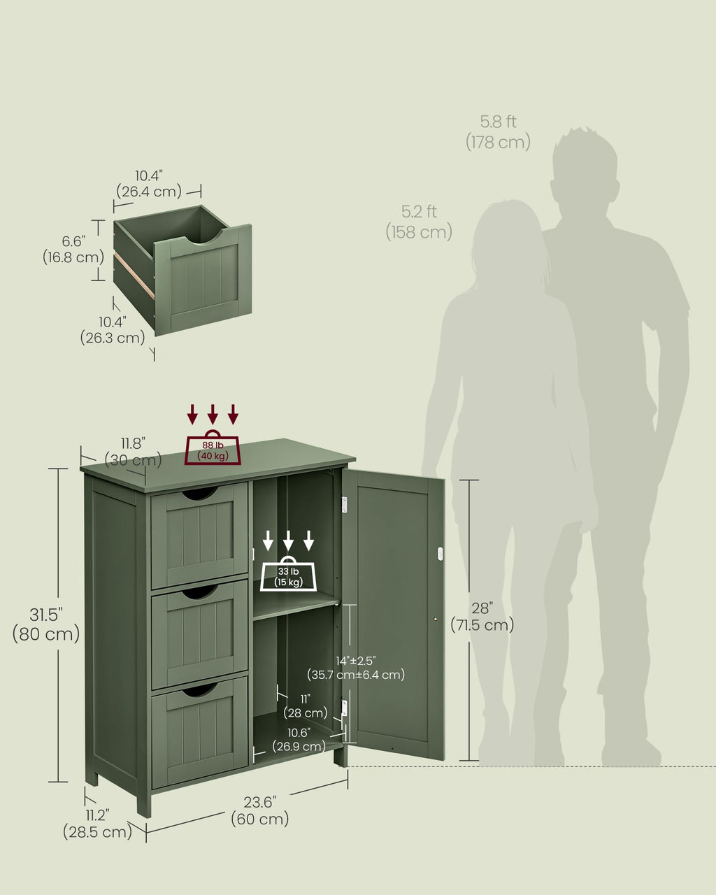 Forest Green 3 Drawer Bathroom Floor Storage Cabinet Z5270