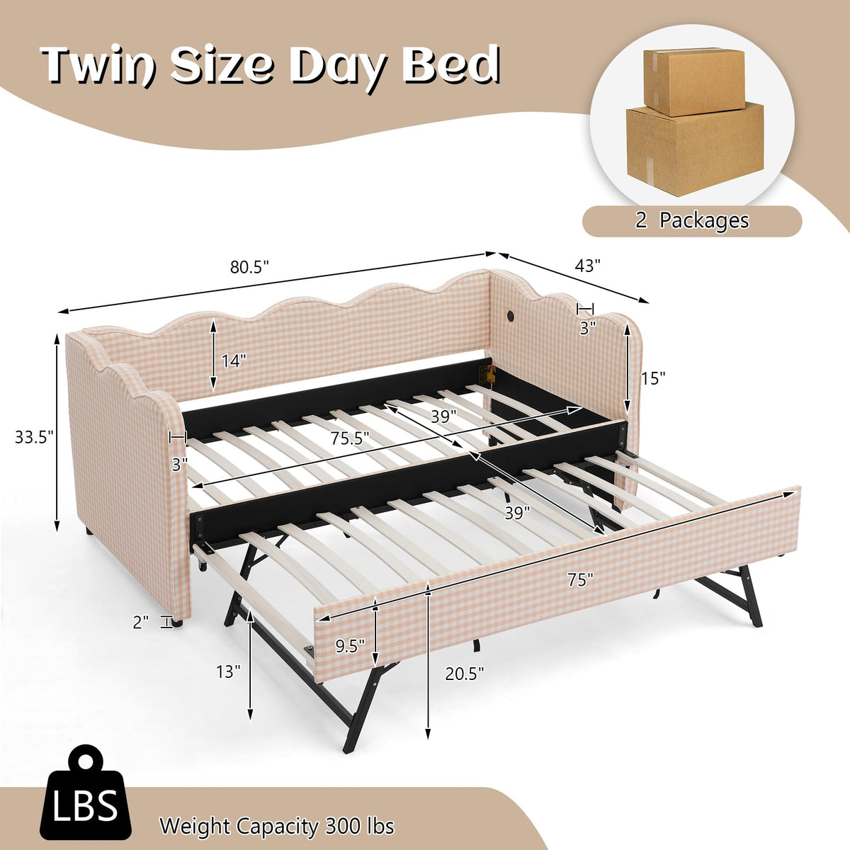 Twin to King Upholstered Daybed with Pop Up Trundle Bed Z243