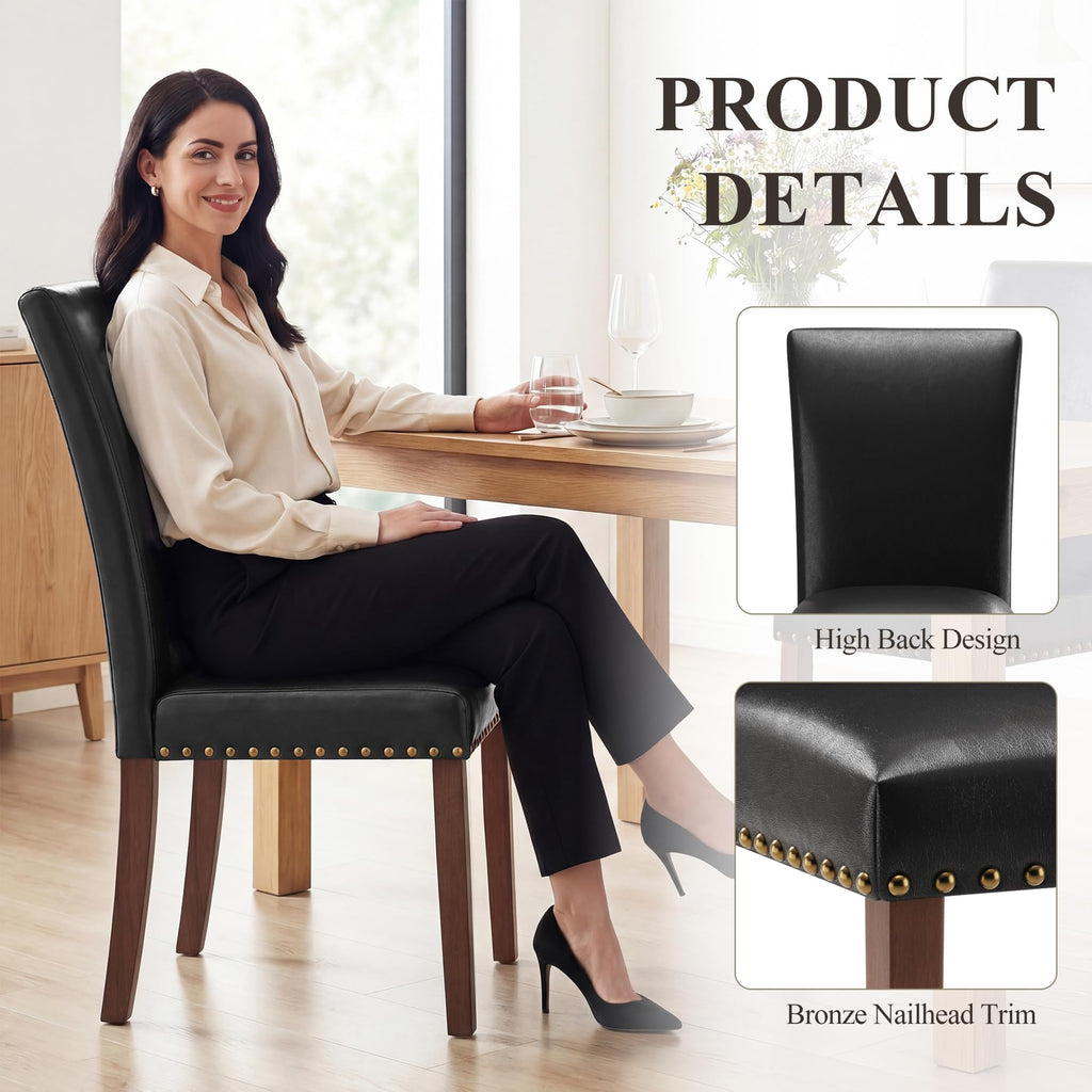 Black Leather Dining Chairs Set of 2 with Wood Legs L8810