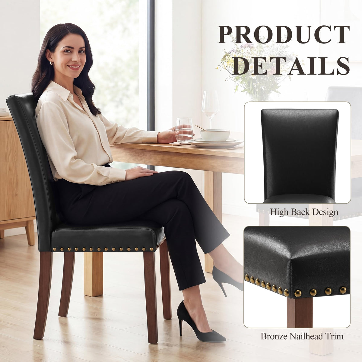 Black Leather Dining Chairs Set of 2 with Wood Legs L8810