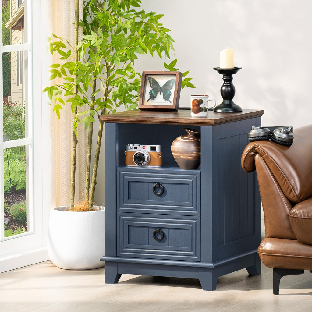 18" Blue Wooden Nightstand Set of 2 with Charging Station L148145