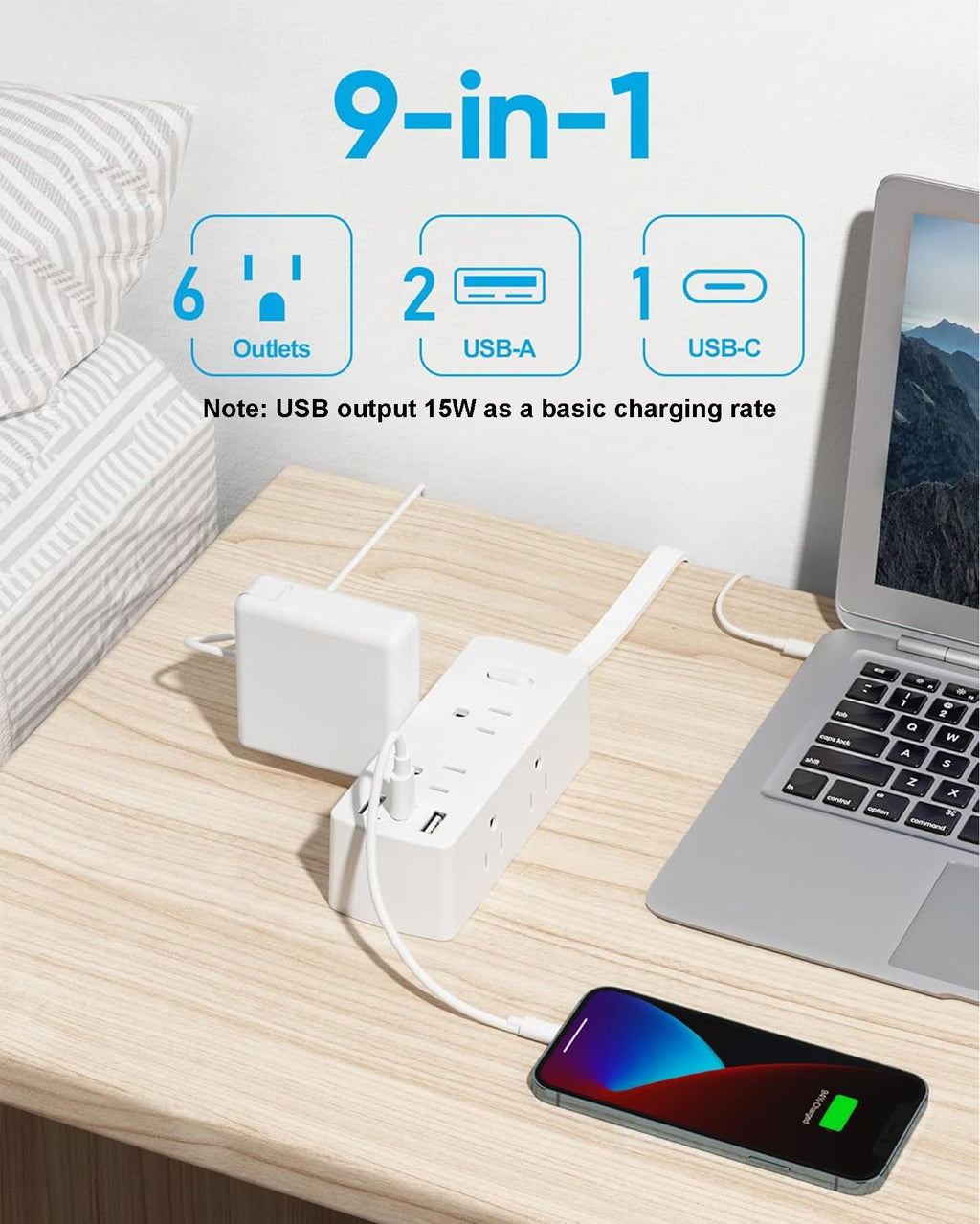 Flat Plug Power Strip with 5 FT Extension Cord, 6 Outlets 3 USB Ports, White G196904
