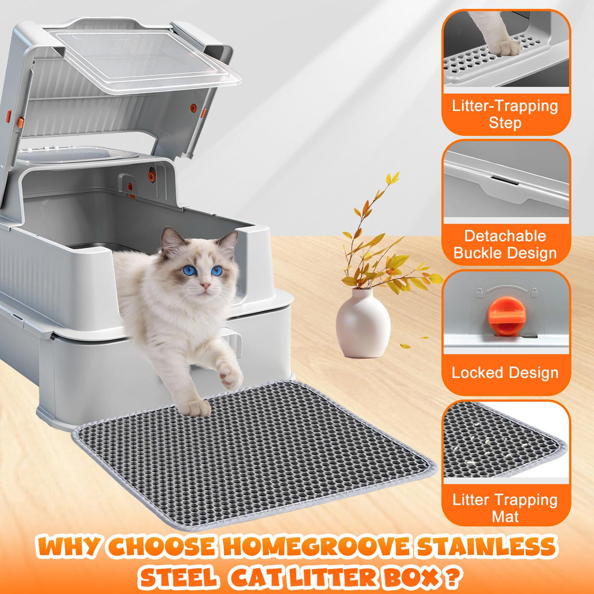 Enclosed Stainless Steel Cat Litter Box with Drawer B851539