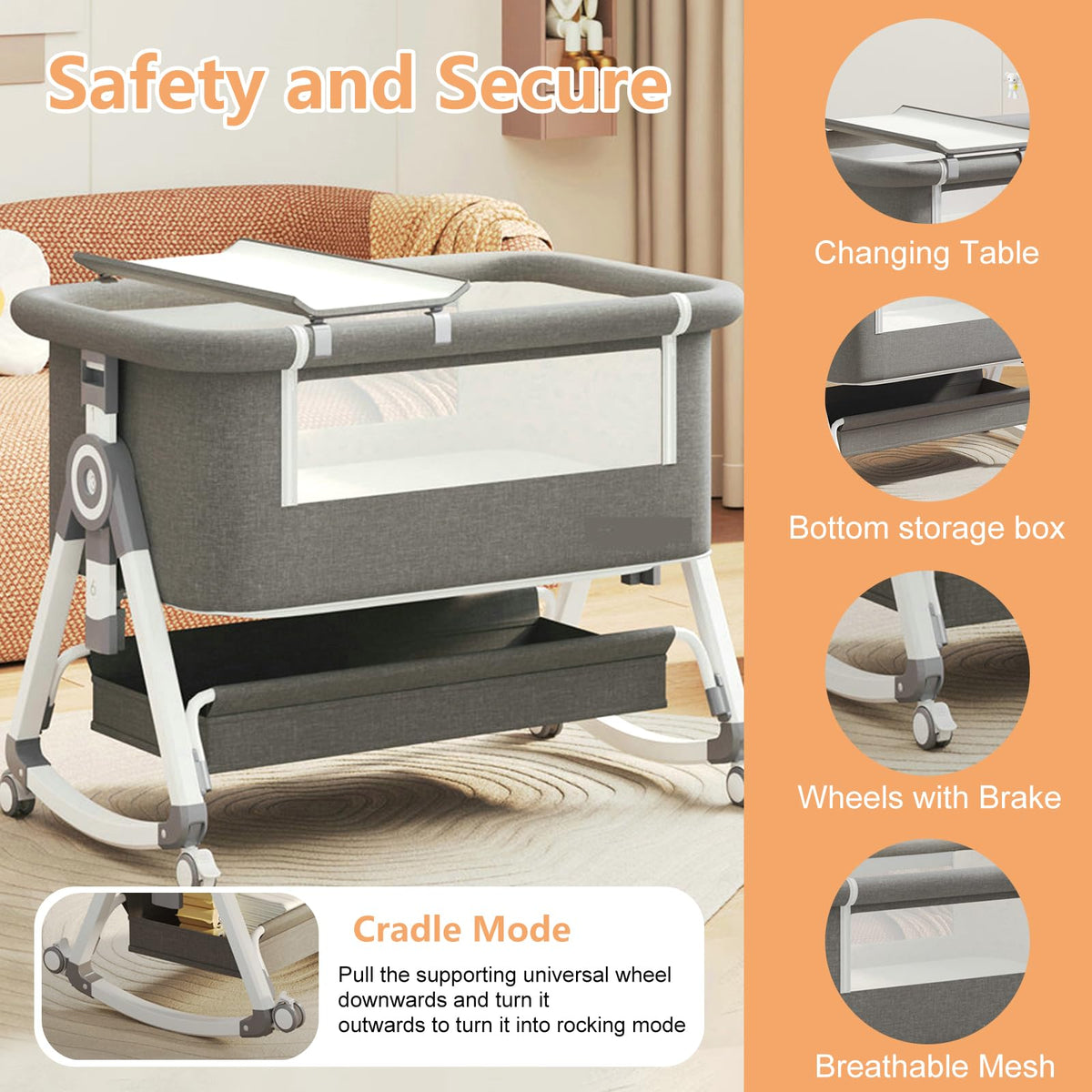 4 in 1 Baby Bassinet Bedside Sleeper with Wheels and Mattress P78944