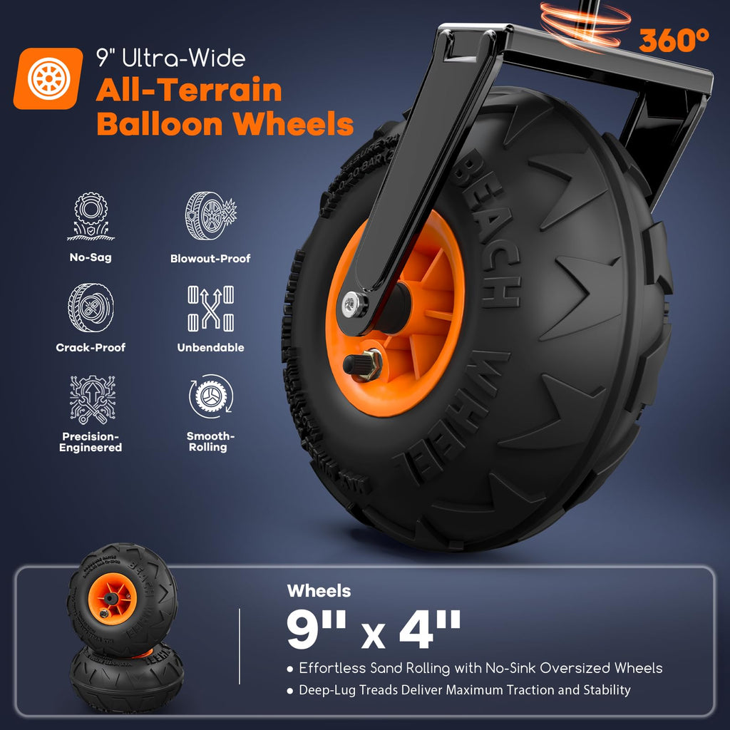 Foldable Beach Wagon with Big Balloon Wheels, 560lbs, Black V56136
