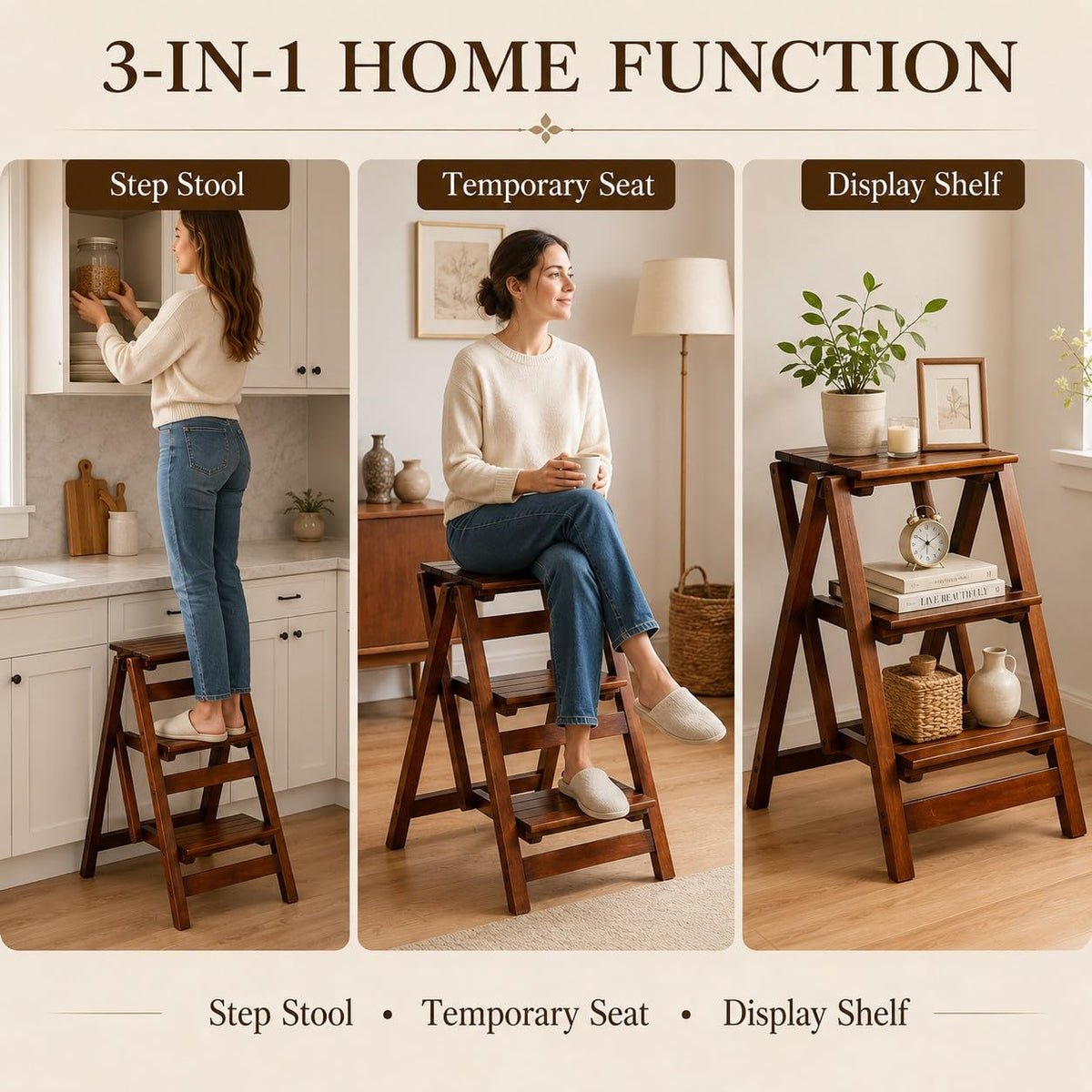 Solid Oak 3 Step Folding Ladder 330 lbs Capacity Wooden Step Stool O631423