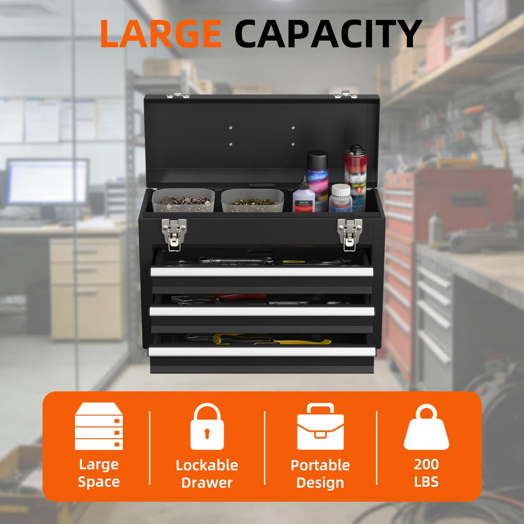 Black 3 Drawer Lockable Metal Tool Box G714574