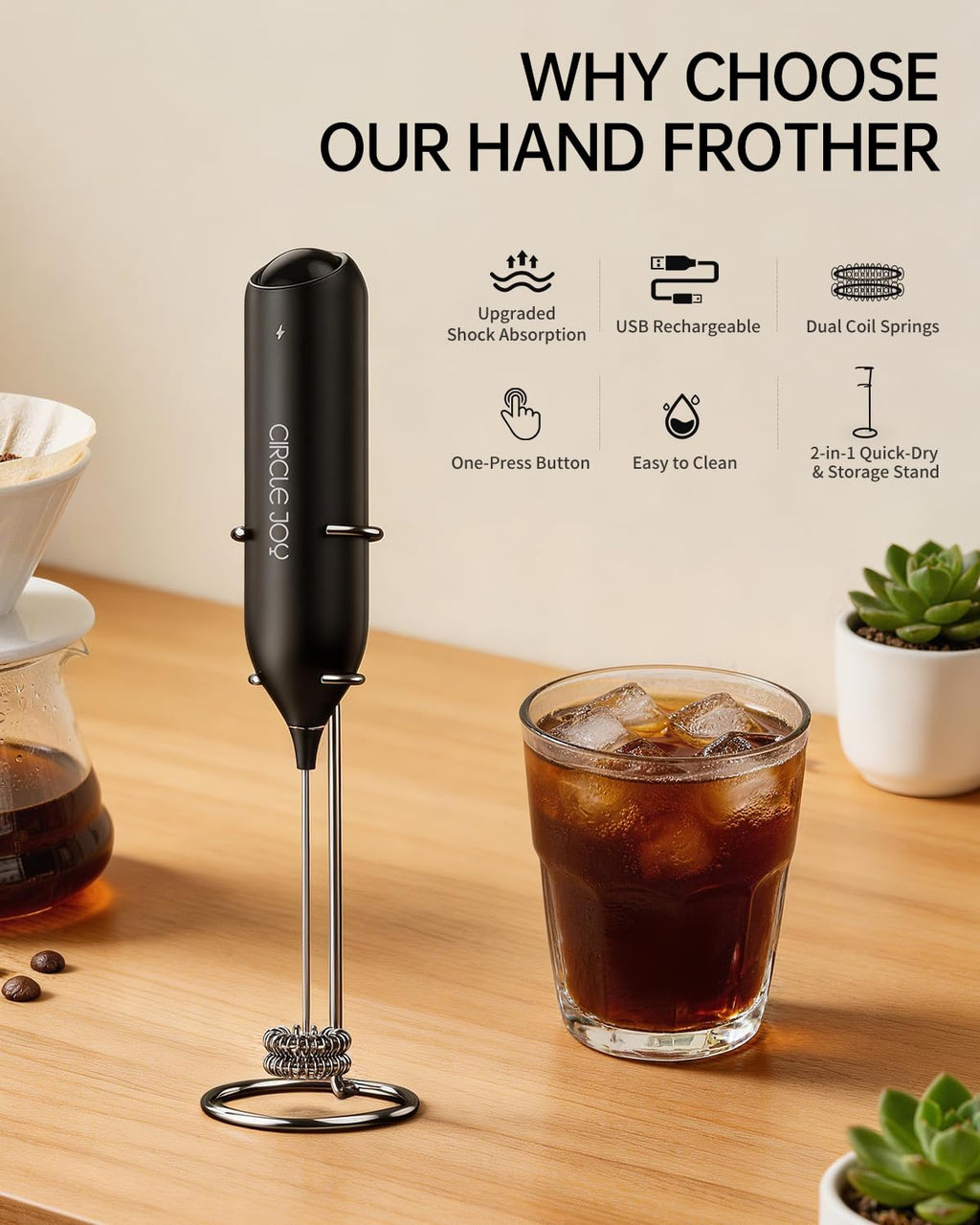 Rechargeable Handheld Milk Frother with Stand A66072