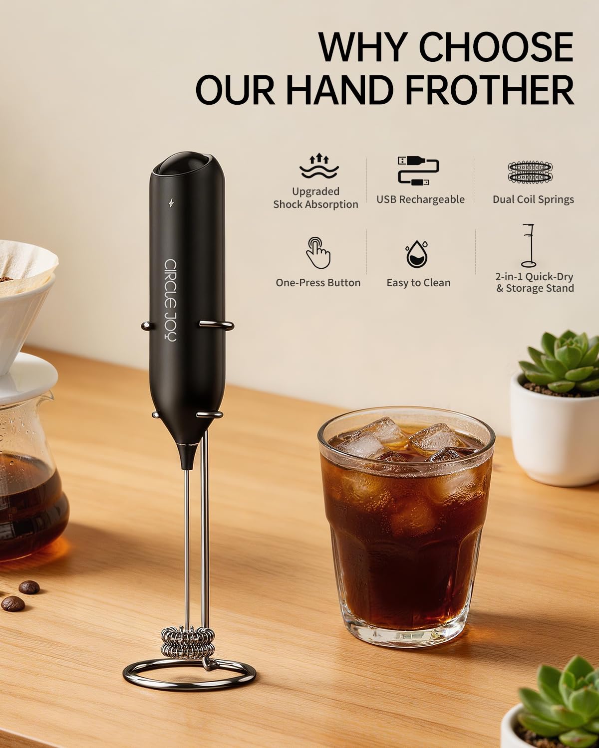 Rechargeable Handheld Milk Frother with Stand A66072