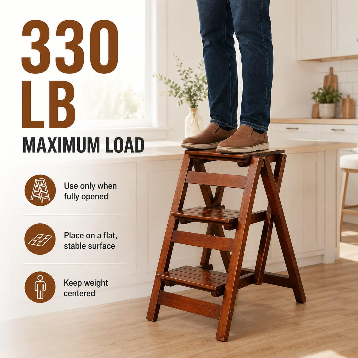 Solid Oak 3 Step Folding Ladder 330 lbs Capacity Wooden Step Stool O631423