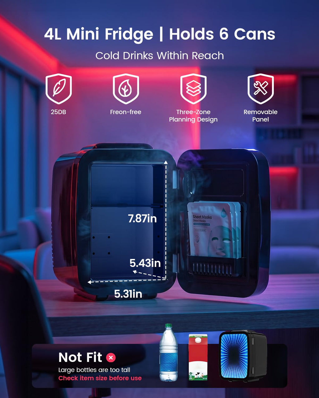 4L/6 Can Compact Fridge with LED Mirror Light E753