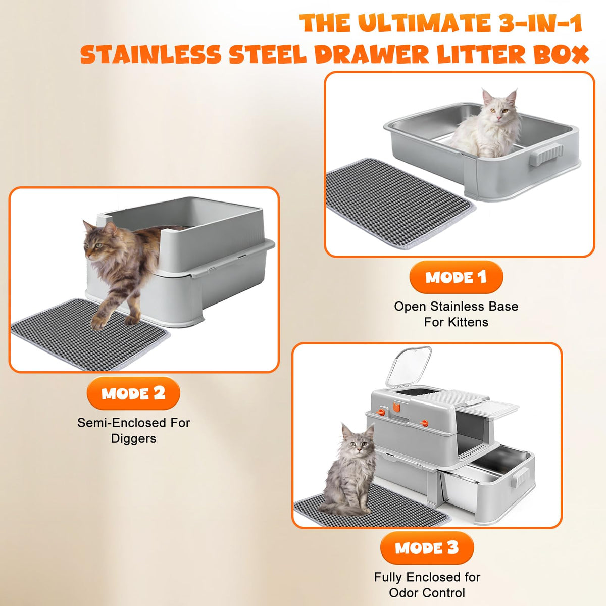 Enclosed Stainless Steel Cat Litter Box with Drawer B851539