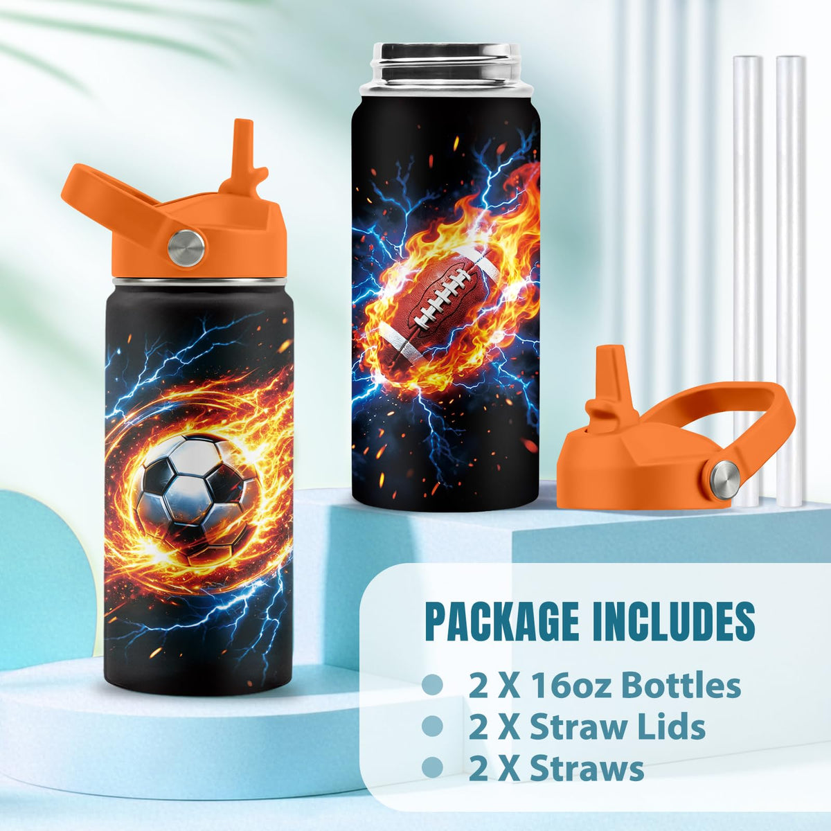 16 oz Stainless Steel Insulated Water Bottle with Straw Lid, 2 Pack W168