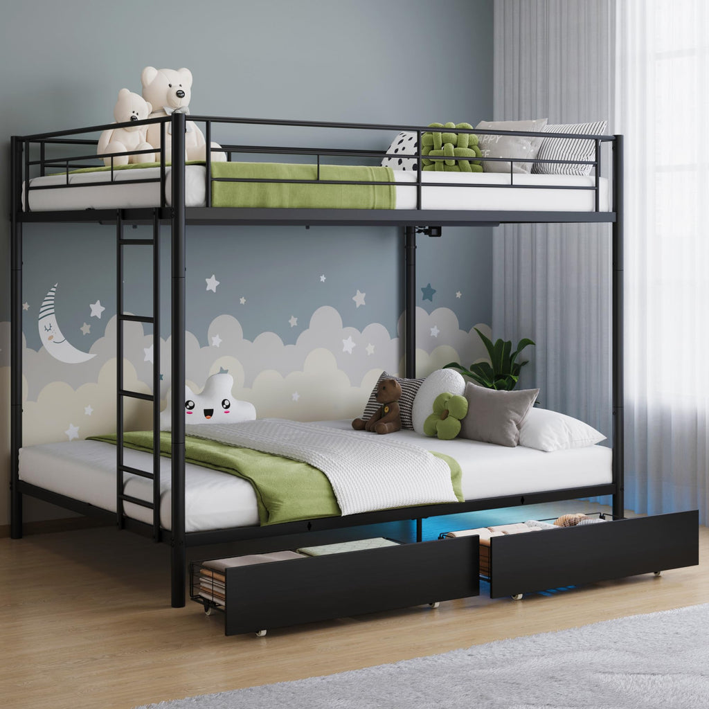 Black Twin Over Twin Metal Bunk Bed with LED Lights, USB Charging Station, 2 Drawers, Guard Rails & Ladder Y84249