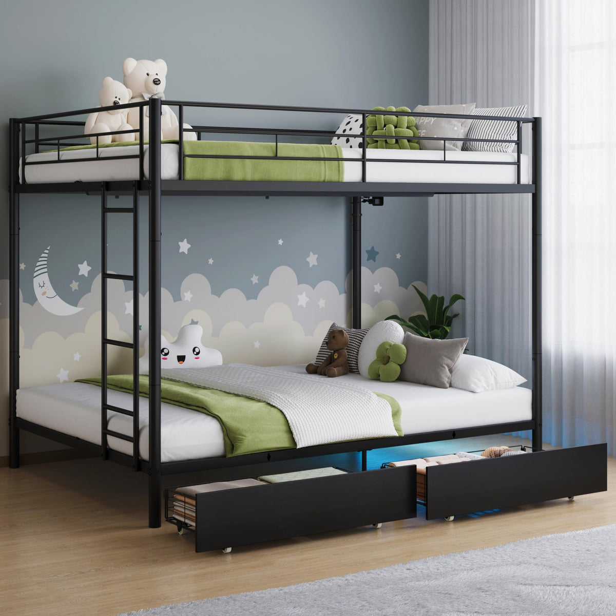 Black Twin Over Twin Metal Bunk Bed with LED Lights, USB Charging Station, 2 Drawers, Guard Rails & Ladder Y84249