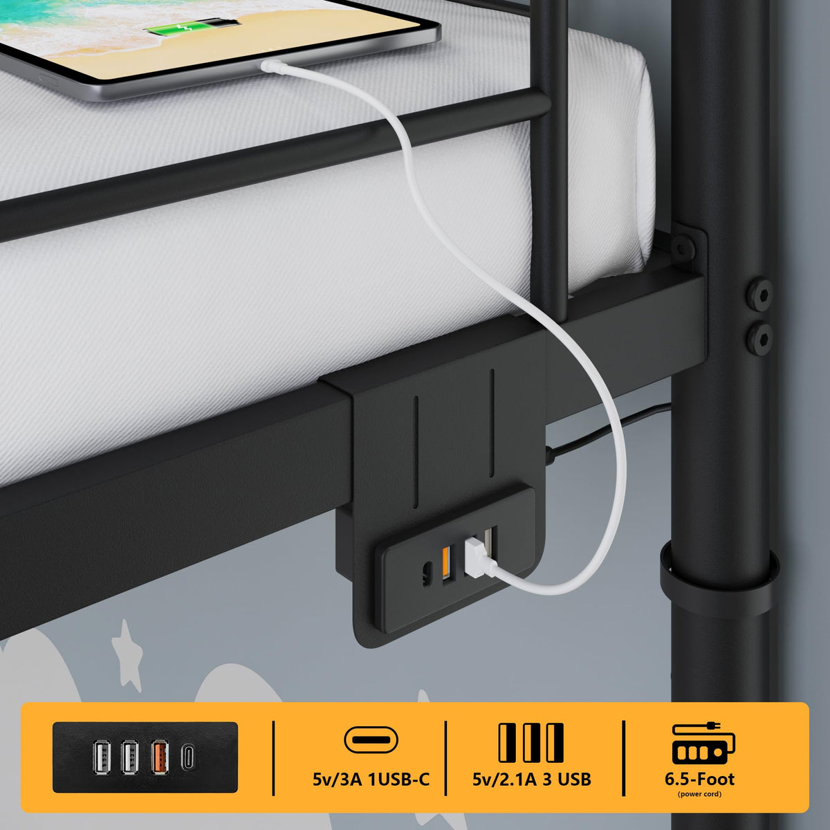Black Twin Over Twin Metal Bunk Bed with LED Lights, USB Charging Station, 2 Drawers, Guard Rails & Ladder Y84249