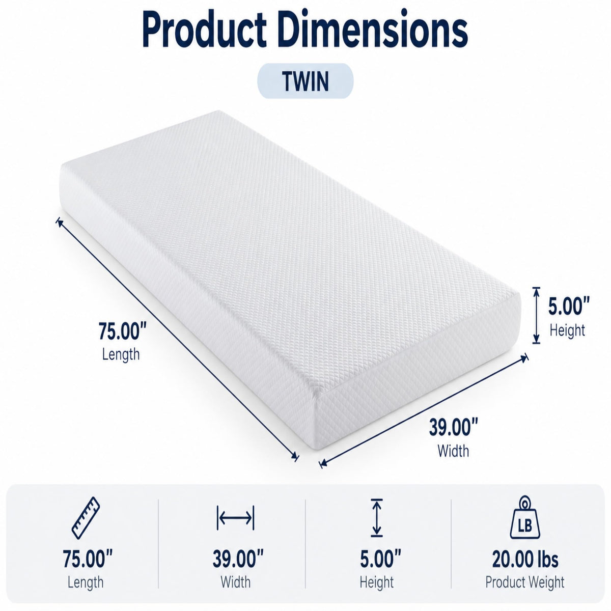 5 Inch Twin Size White Gel Memory Foam I524