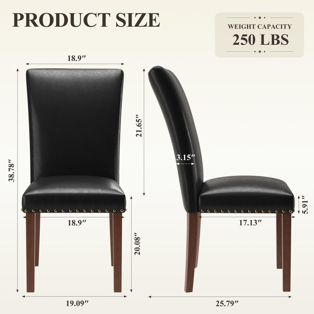 Black Leather Dining Chairs Set of 2 with Wood Legs L8810