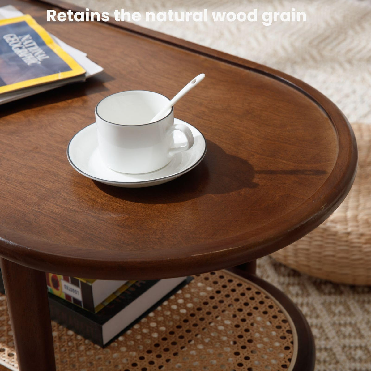 Oval 2-Tier Coffee Table with Rattan Storage Shelf X3491