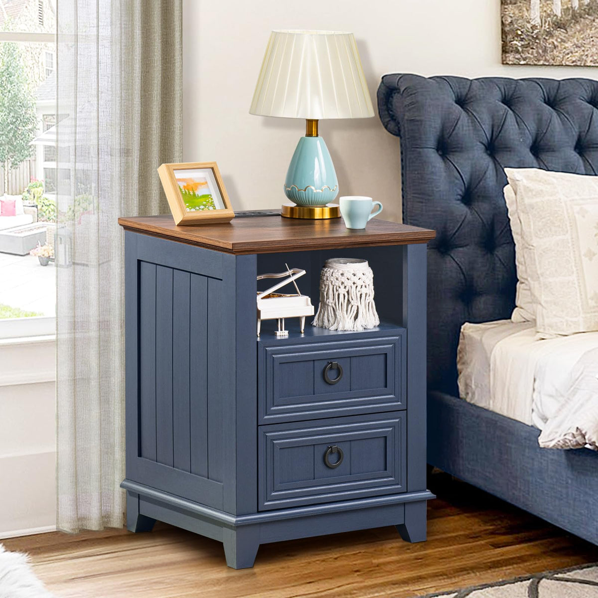 18" Blue Wooden Nightstand Set of 2 with Charging Station L148145