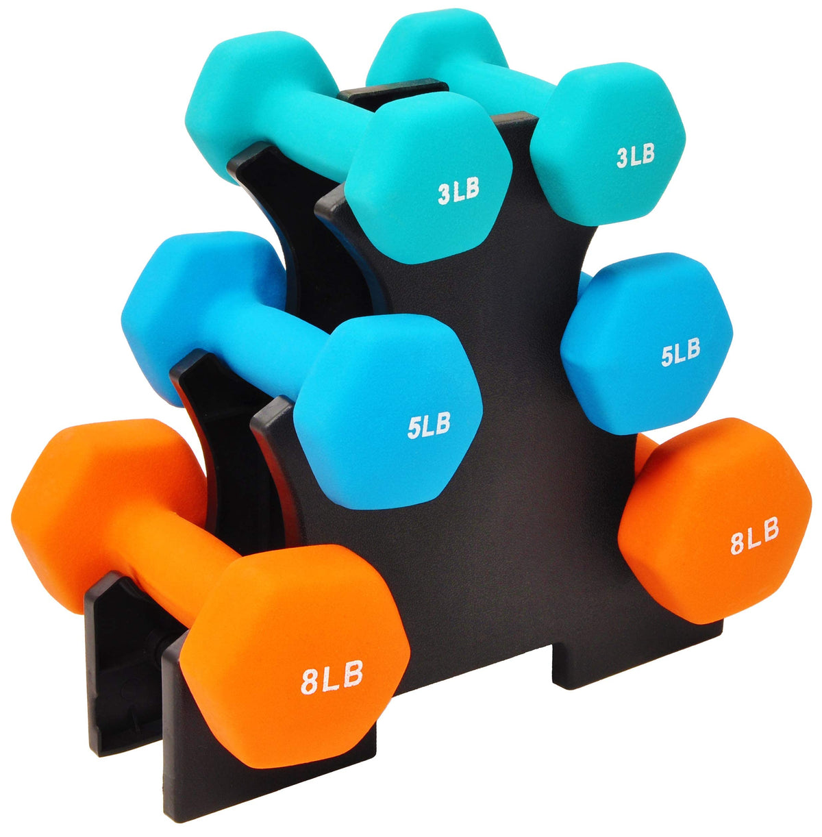 Colored Neoprene Coated Dumbbell Set with Stand, Set of 6 G208