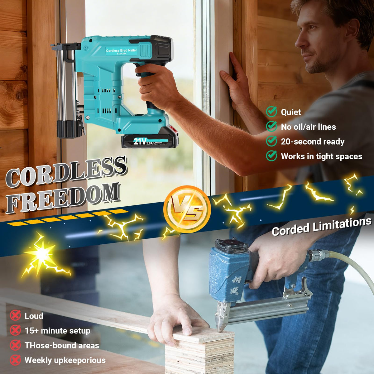 Cordless 2-in-1 21V Electric Nail Gun with Battery K2986