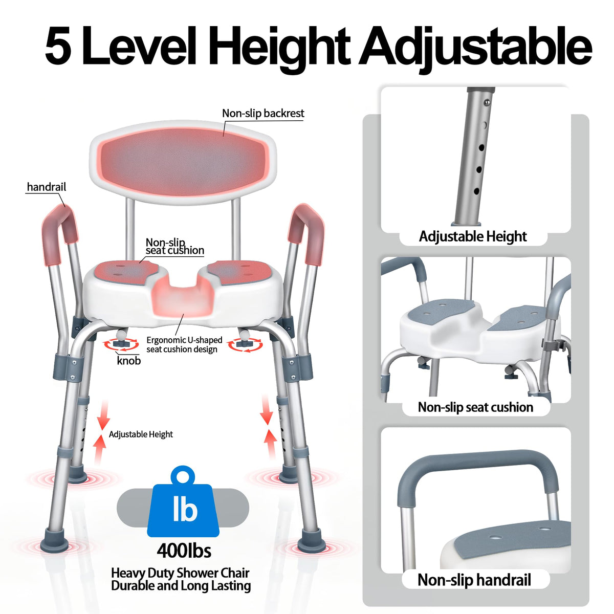 Height Adjustable Shower Chair with Padded Armrests X894350