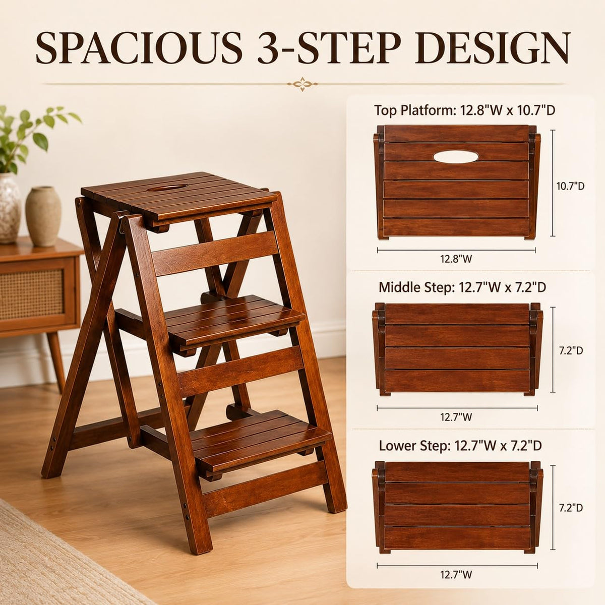 Solid Oak 3 Step Folding Ladder 330 lbs Capacity Wooden Step Stool O631423