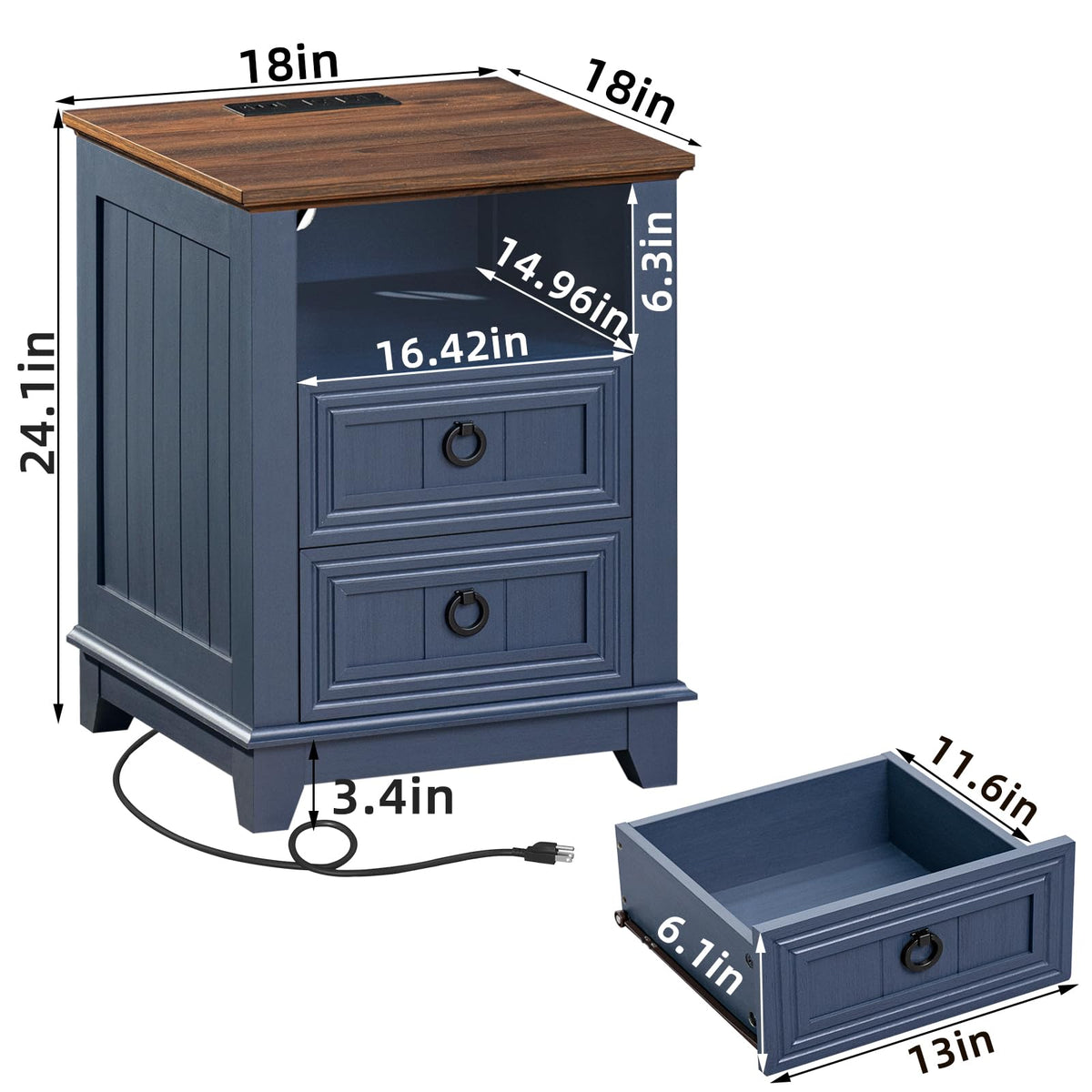 18" Blue Wooden Nightstand Set of 2 with Charging Station L148145