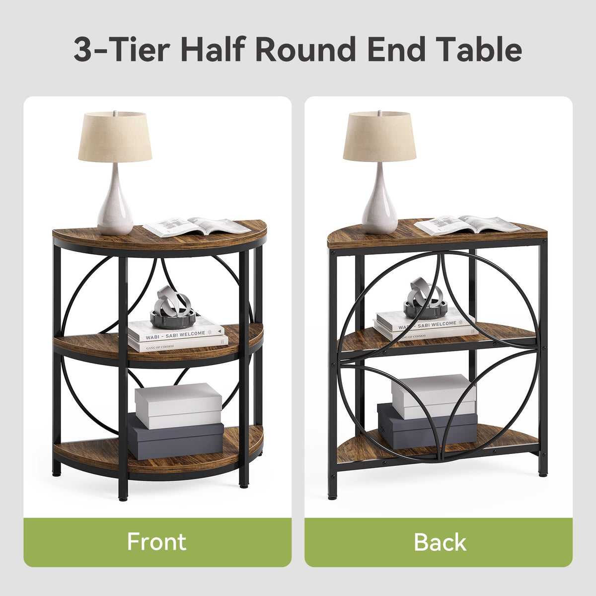 Half Round 3-Tier Narrow Side Table with Metal Frame I768370