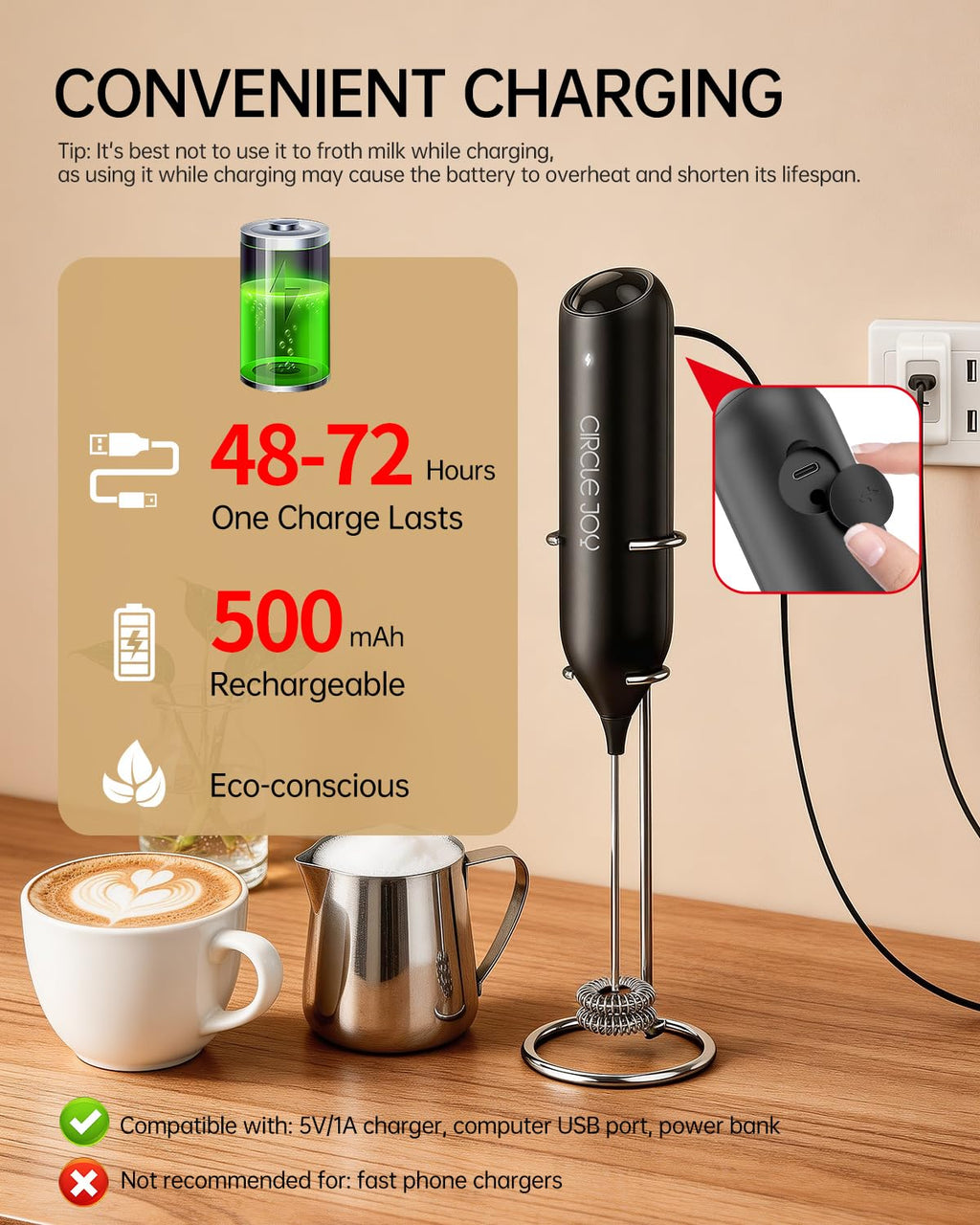 Rechargeable Handheld Milk Frother with Stand A66072