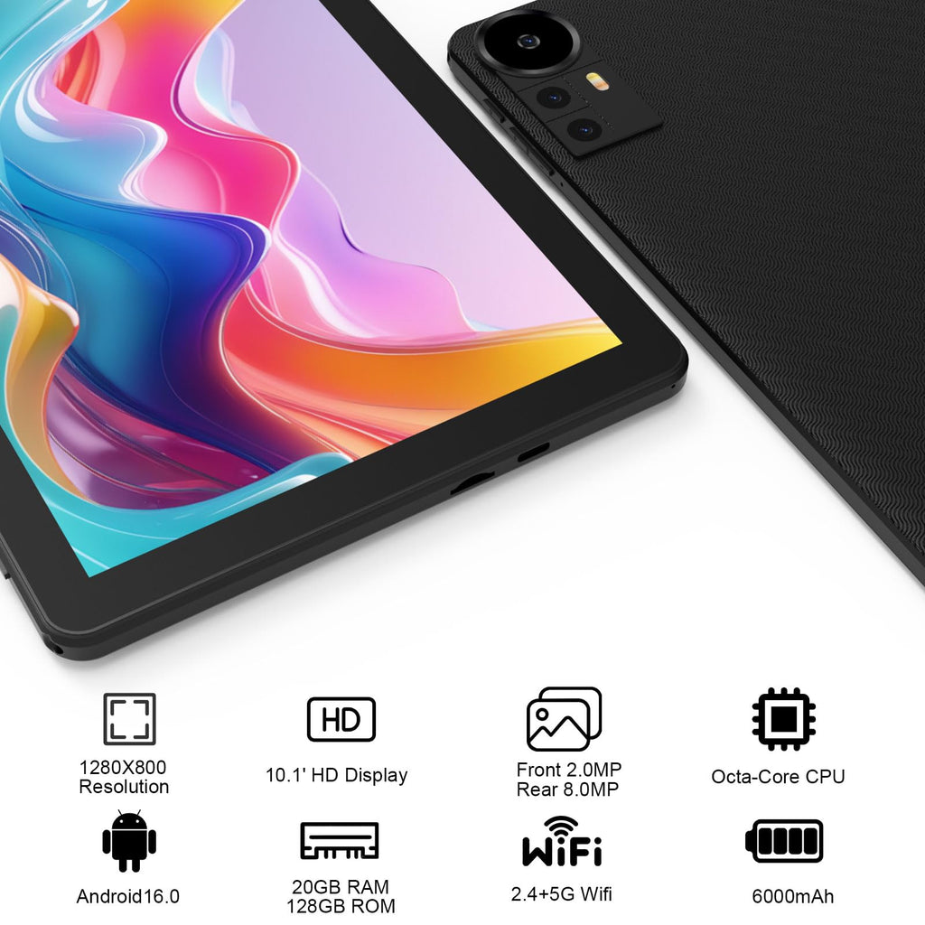 Android 16 Tablet 10 Inch 20GB RAM 128GB ROM Black T418