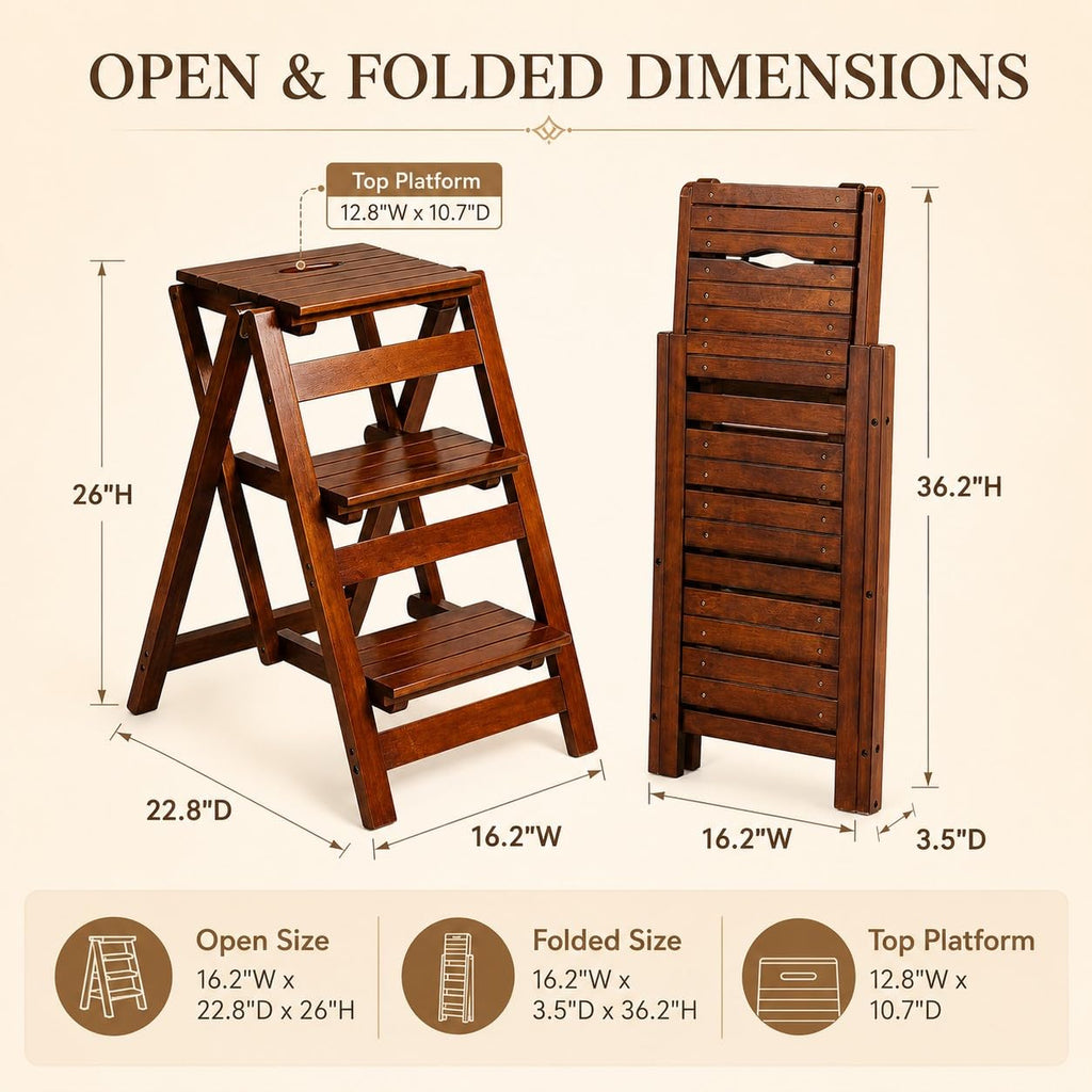 Solid Oak 3 Step Folding Ladder 330 lbs Capacity Wooden Step Stool O631423