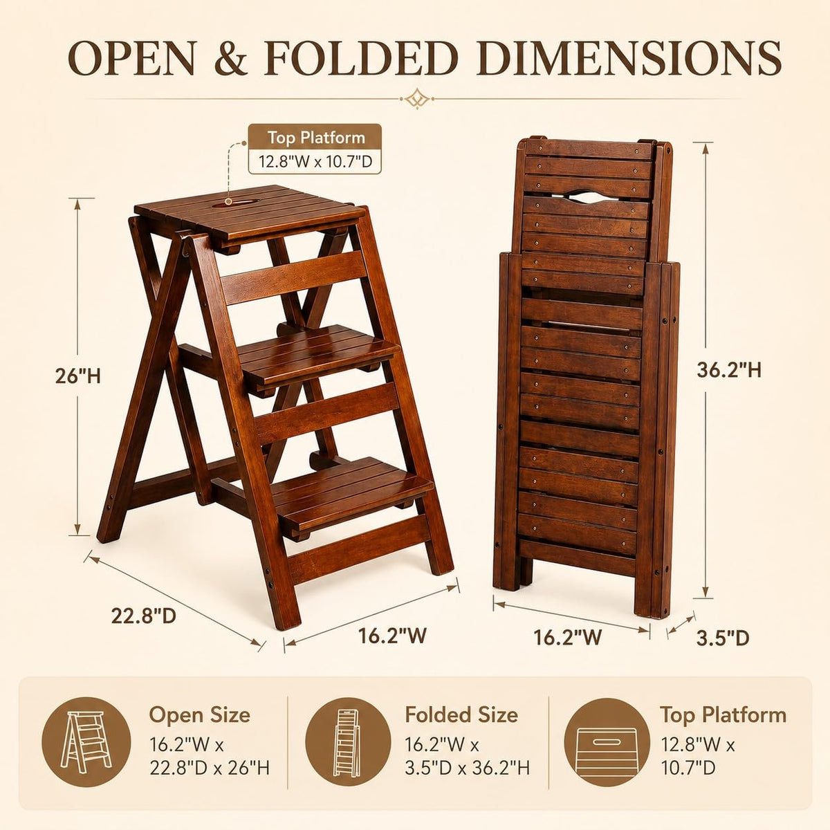 Solid Oak 3 Step Folding Ladder 330 lbs Capacity Wooden Step Stool O631423