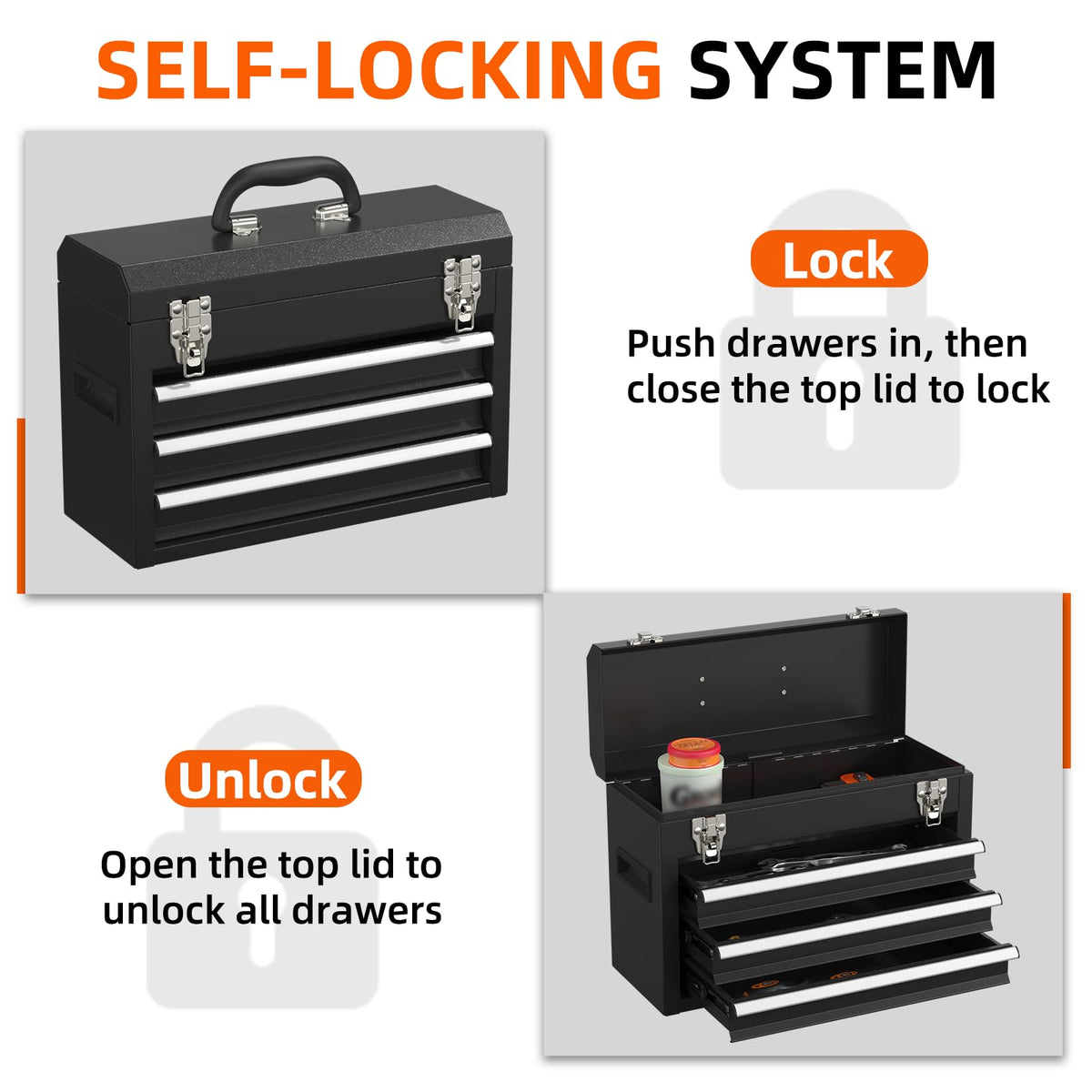 Black 3 Drawer Lockable Metal Tool Box G714574