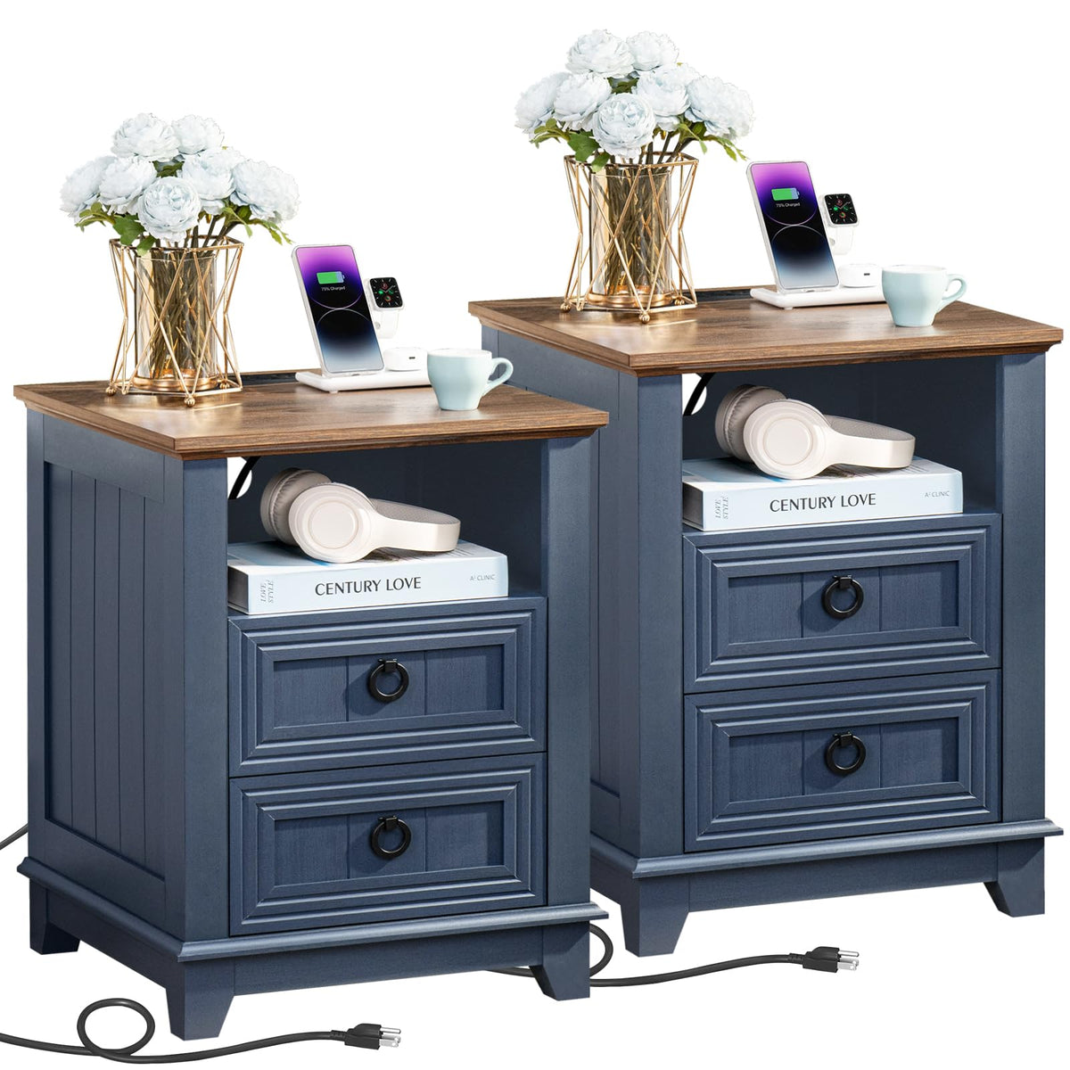 18" Blue Wooden Nightstand Set of 2 with Charging Station L148145
