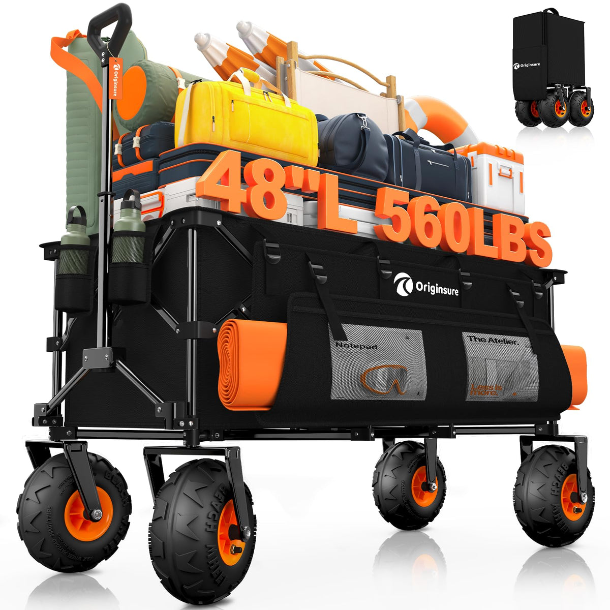 Foldable Beach Wagon with Big Balloon Wheels, 560lbs, Black V56136