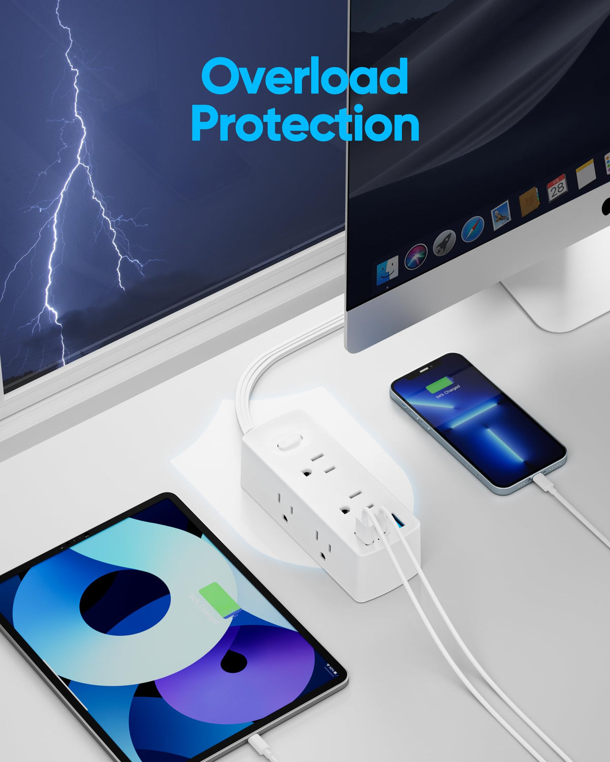 Flat Plug Power Strip with 5 FT Extension Cord, 6 Outlets 3 USB Ports, White G196904