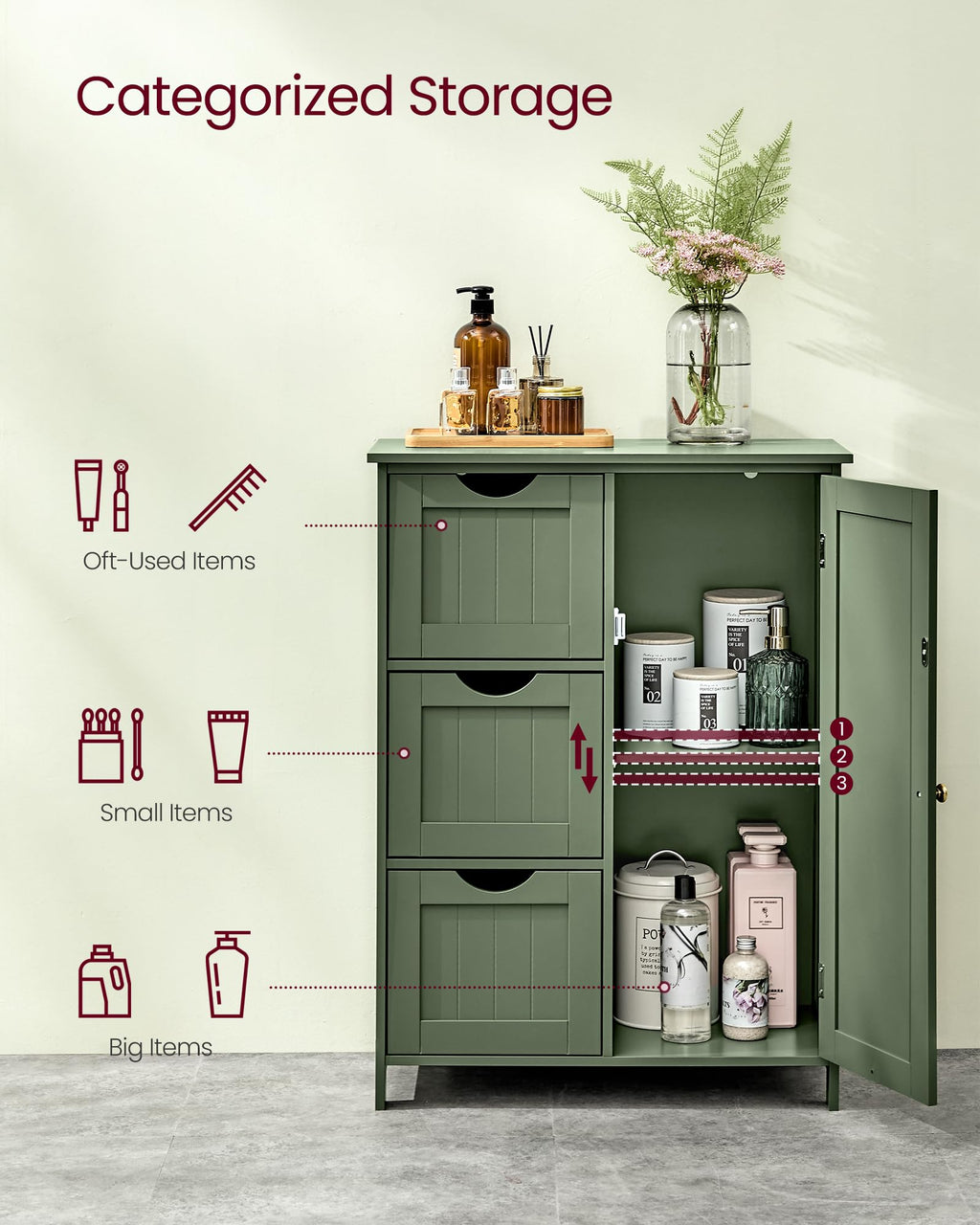 Forest Green 3 Drawer Bathroom Floor Storage Cabinet Z5270