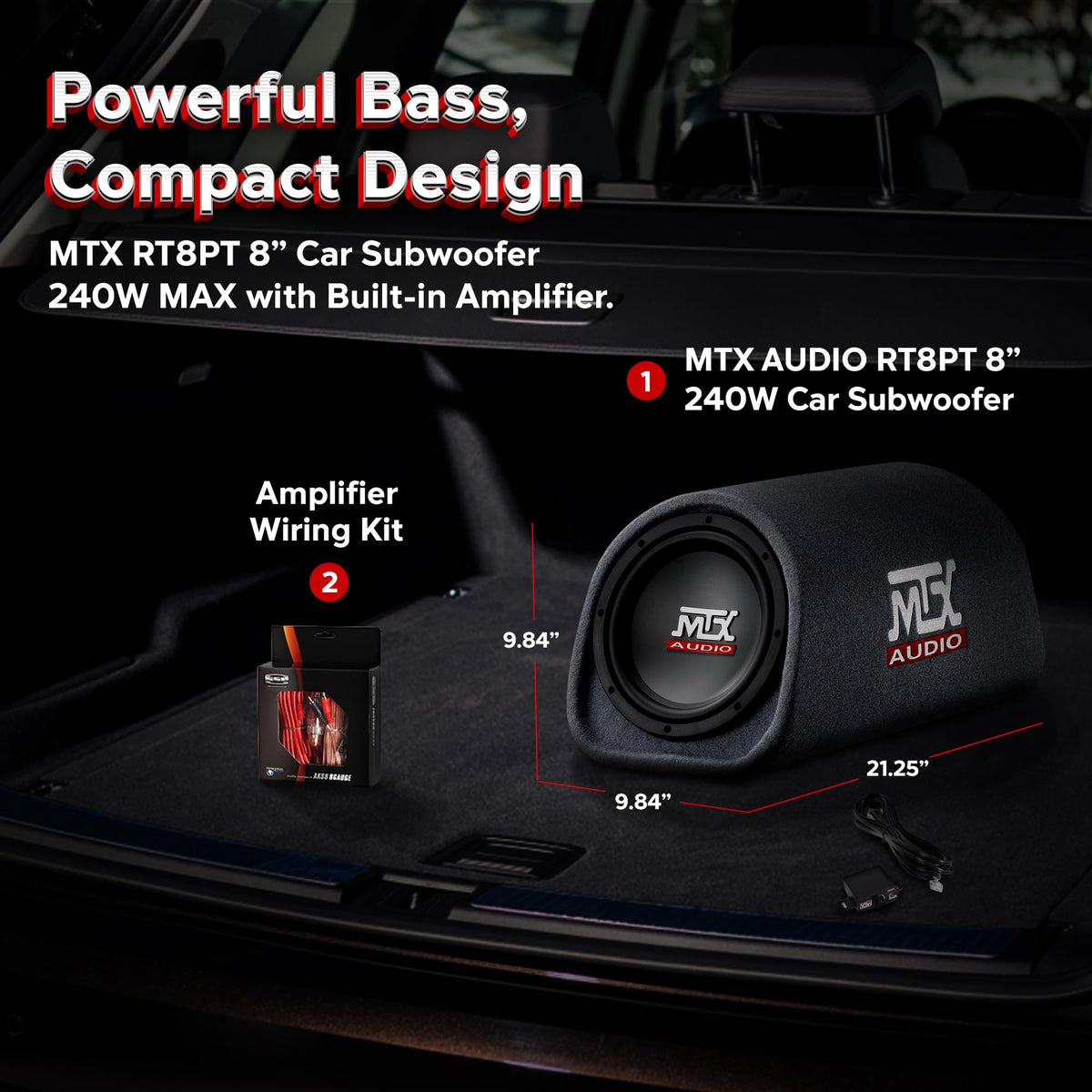 8" Amplified Vented Tube Box Subwoofer & Wiring Kit R732