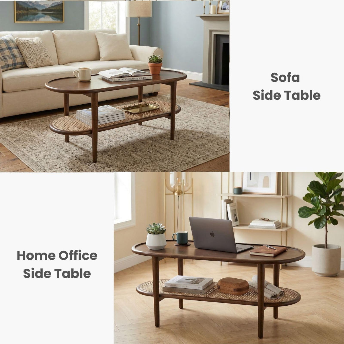 Oval 2-Tier Coffee Table with Rattan Storage Shelf X3491